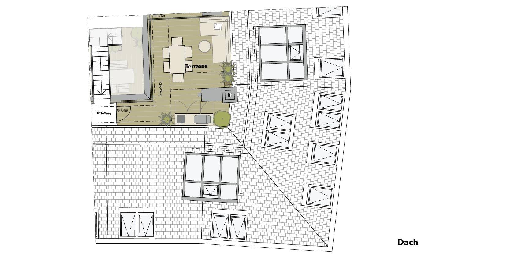 Grundriss des Dachgeschosses mit großer Terrasse und weiteren Dachfenstern.