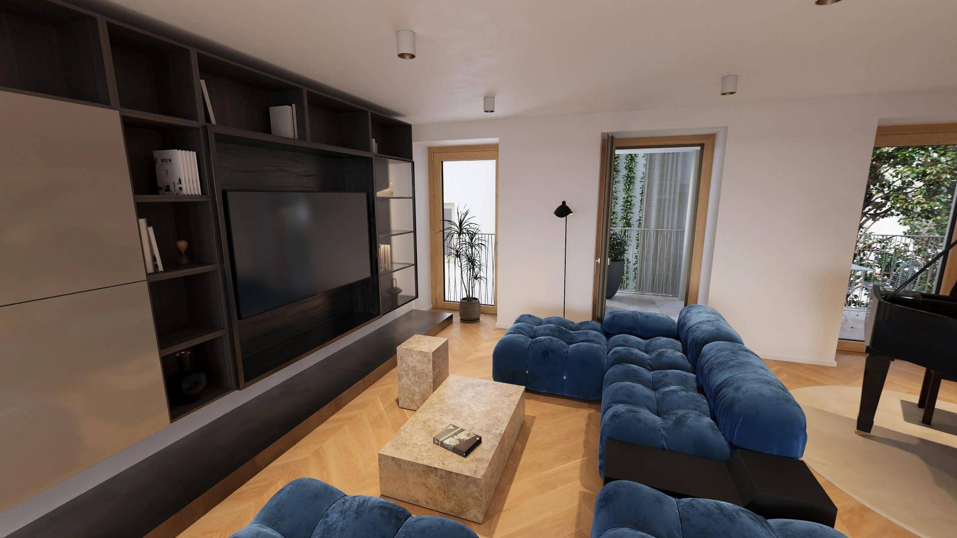 Modernes Wohnzimmer mit blauer Polstergarnitur, großem TV-Möbel und Zugang zum Balkon.