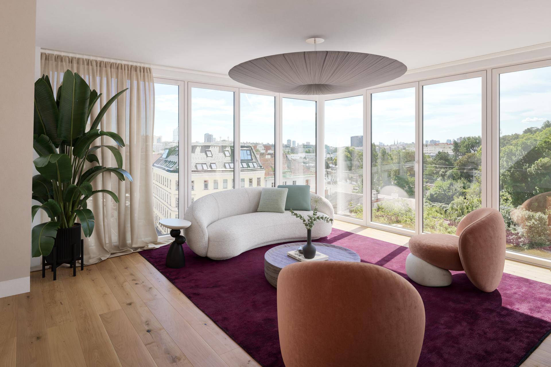 Lichtdurchflutetes Wohnzimmer mit Panoramafenstern, Stadtblick und modernen Möbeln.