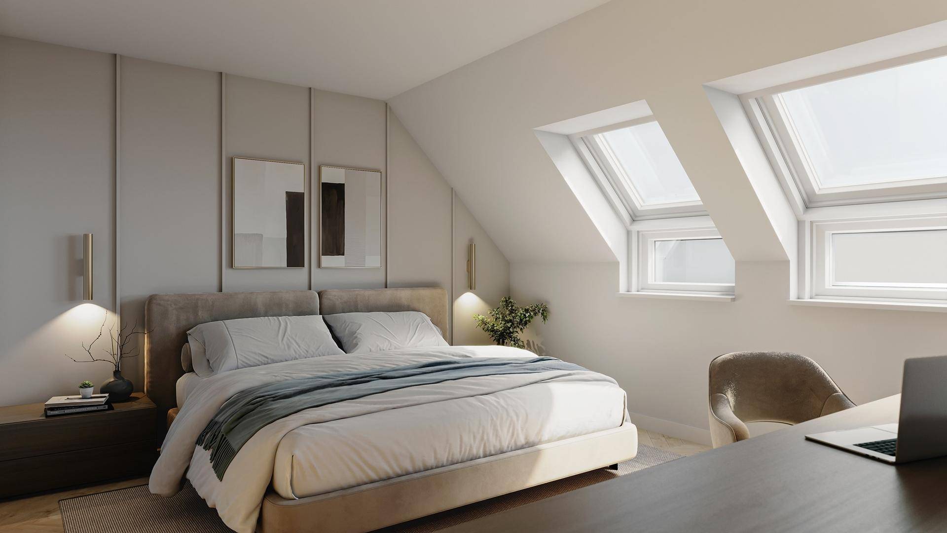 Helles Schlafzimmer im Dachgeschoss mit Dachfenstern, modernem Bett und Holzboden.