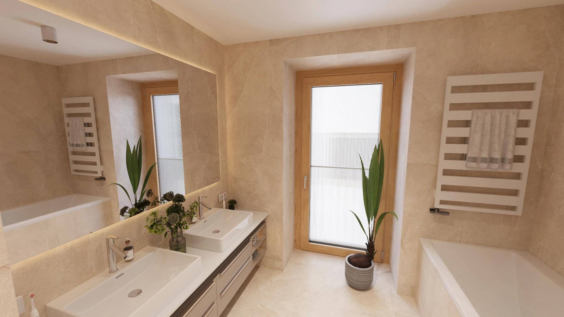 Elegantes Badezimmer mit beigefarbenen Fliesen, Doppelwaschbecken und Fenster für Tageslicht.