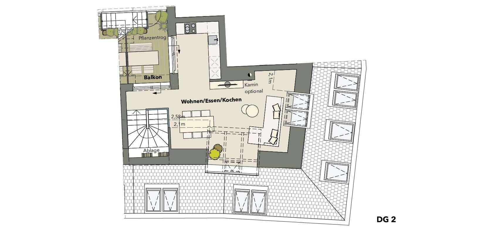 Grundriss des Dachgeschosses 2 mit offenem Wohn-Ess-Kochbereich, Balkon und optionalem Kamin.