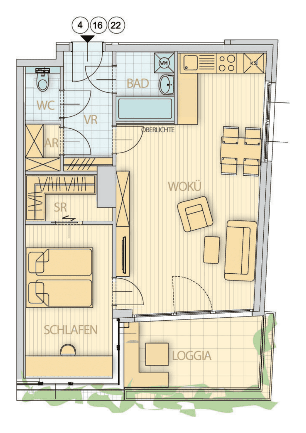 Grundriss einer Wohnung mit Wohnküche, Schlafzimmer, Bad und Loggia.