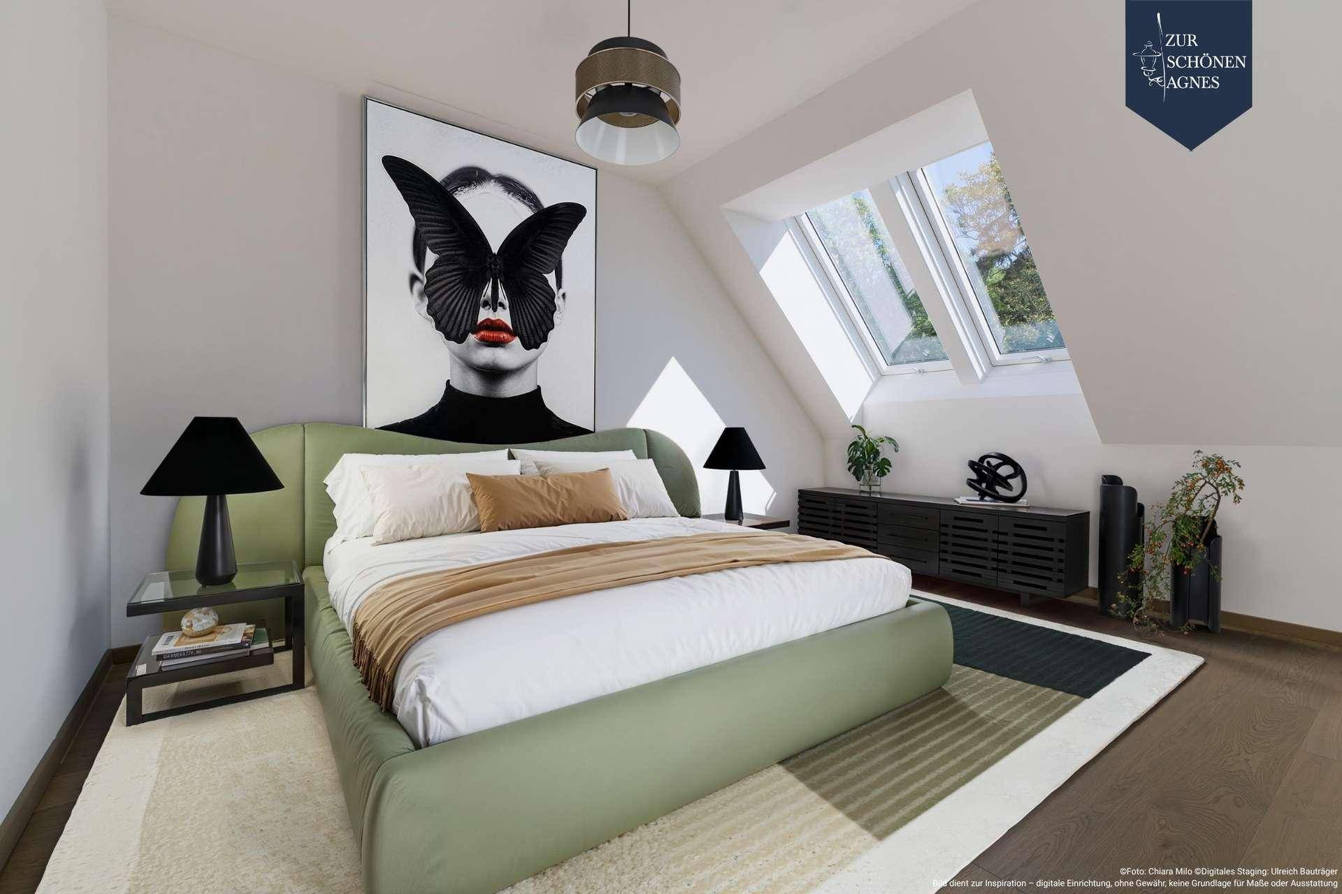 Gemütliches Schlafzimmer im Dachgeschoss mit schrägen Wänden, Dachfenstern und modernem Dekor.