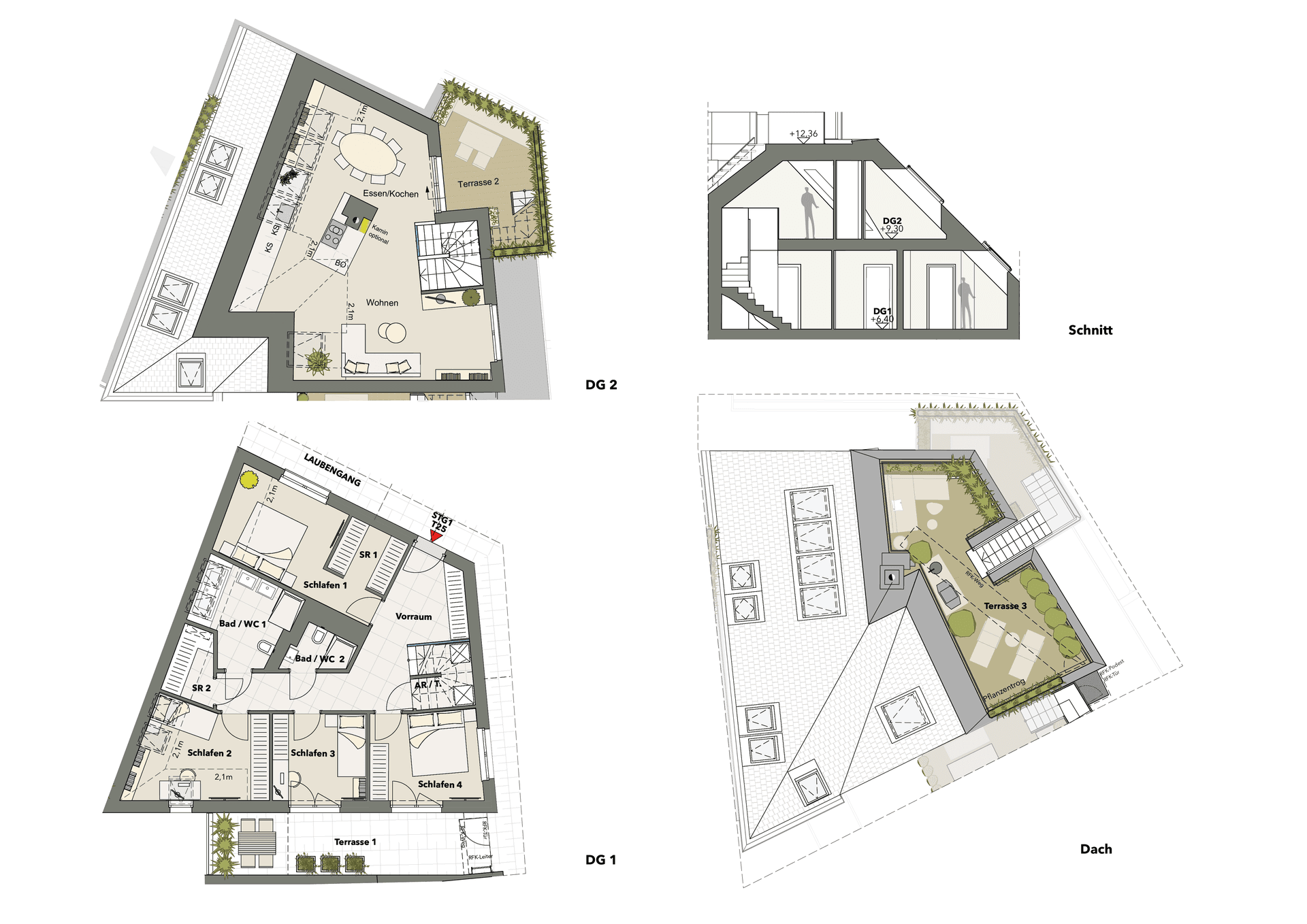 Grundrisse und Schnitt eines mehrstöckigen Apartments mit offenem Wohnbereich, mehreren Schlafzimmern, Bädern und Terrassen.
