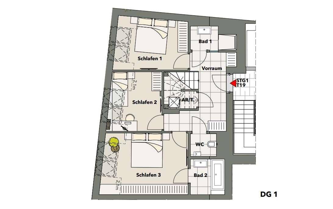 Grundriss des Dachgeschosses 1 mit drei Schlafzimmern, zwei Bädern und einem separaten WC.