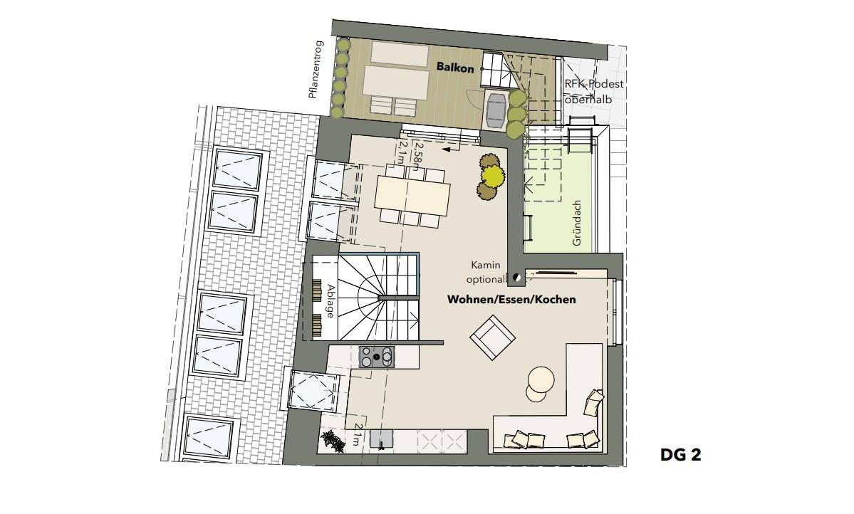 Grundriss des Dachgeschosses mit offenem Wohn-Ess-Kochbereich, Balkon und optionalem Kamin.