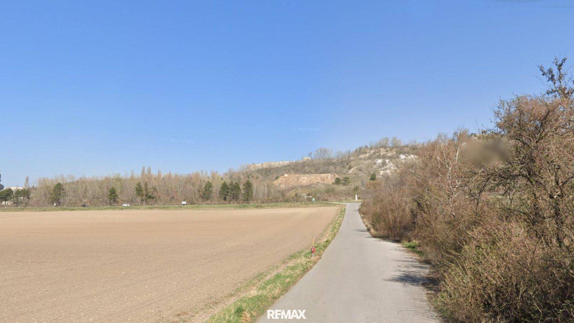 Ländliche Straße zwischen einem Feld und bewachsenen Hügeln unter strahlend blauem Himmel.