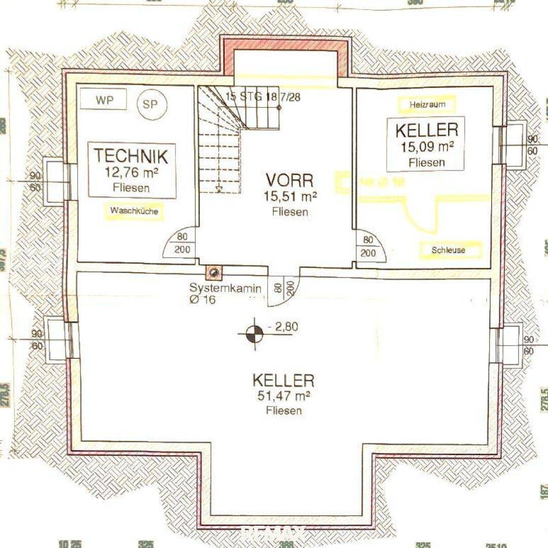 Grundriss des Kellers mit Technikraum, Vorraum und großem Kellerraum.