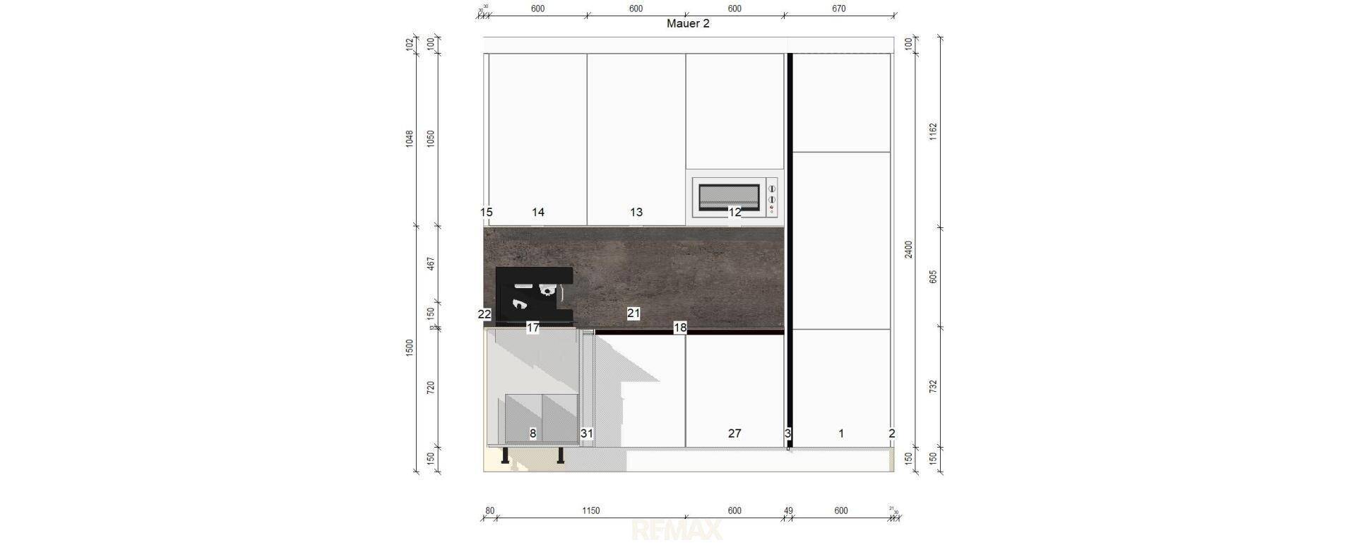 Ansicht eines Küchenlayouts mit Hochschränken, integriertem Backofen und Arbeitsplatte.