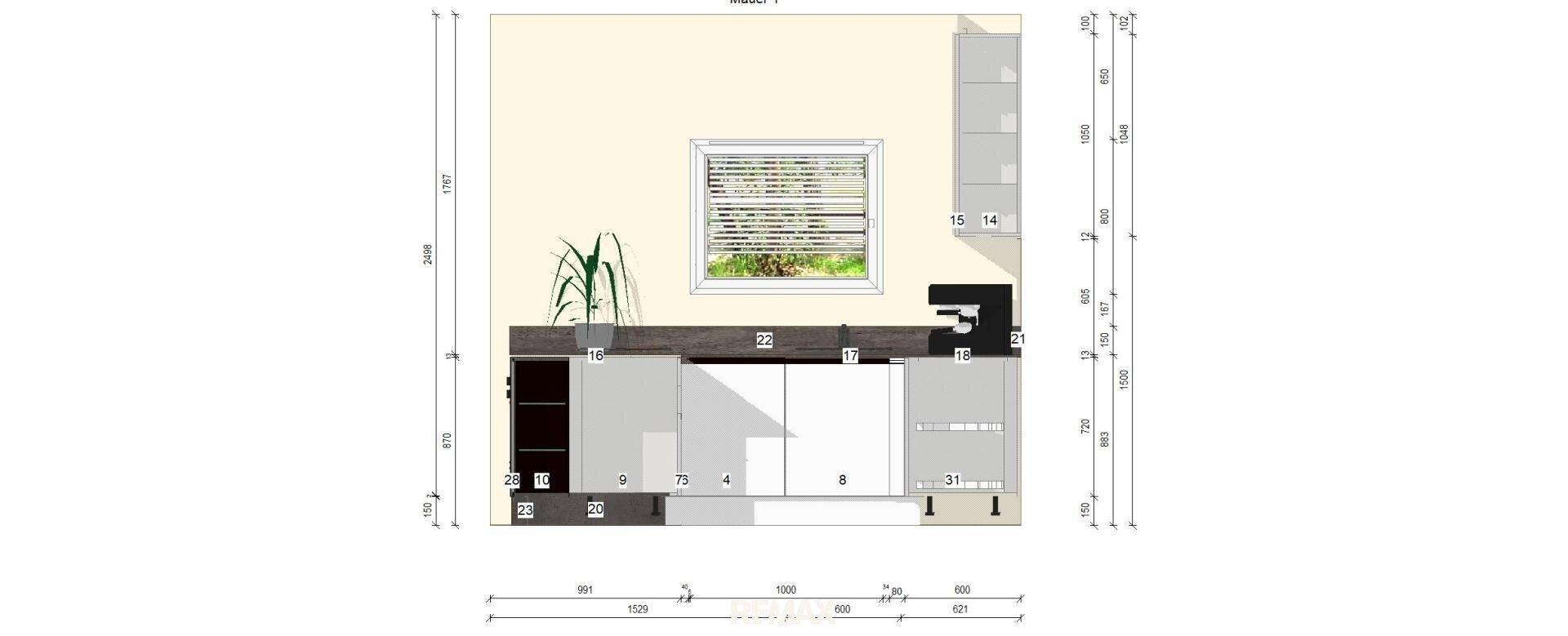 Detaillierter Küchengrundriss mit Fenster, Spüle und verschiedenen Schrankelementen.