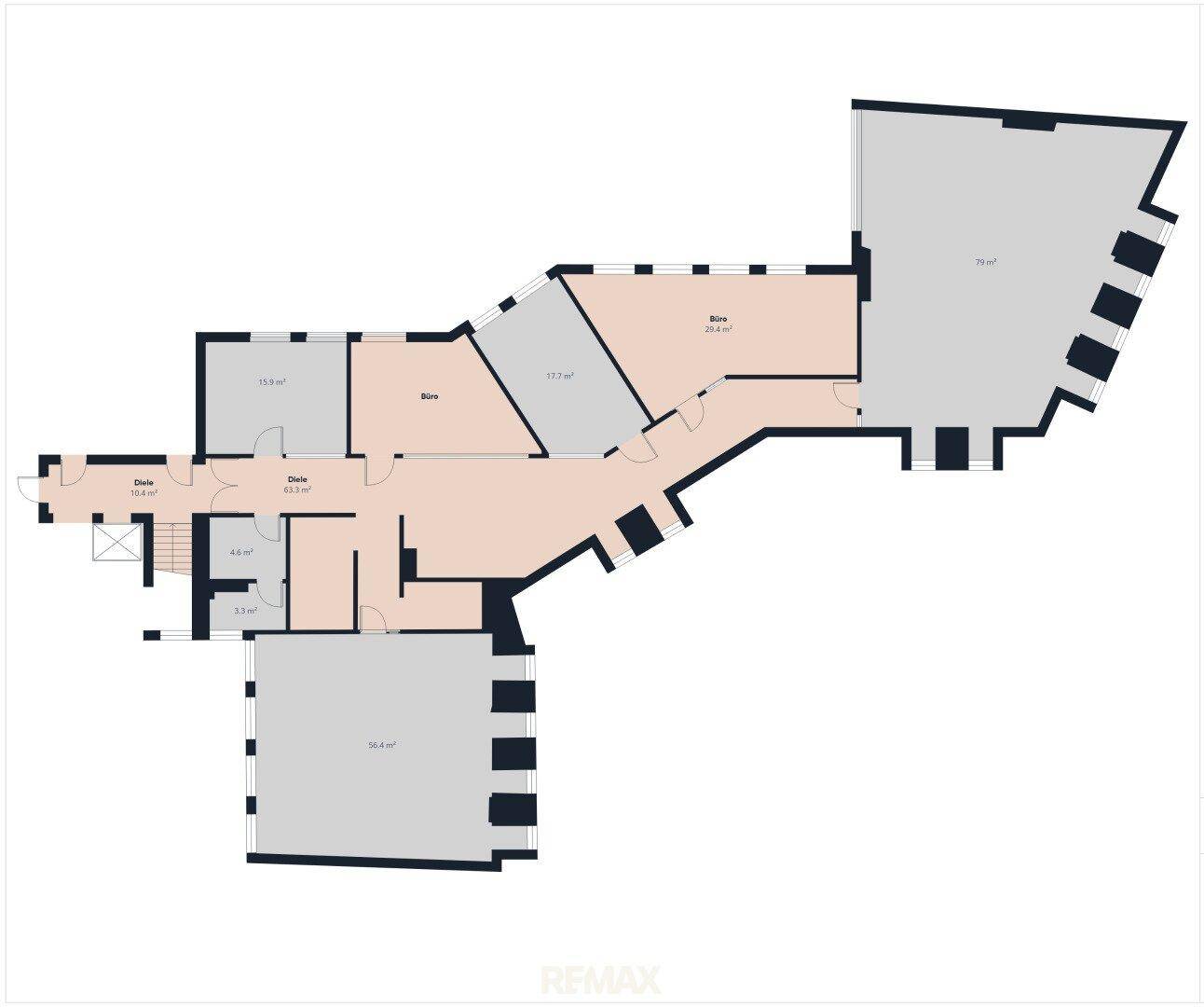 Grundrissplan mit verschiedenen Büroräumen und Flächenangaben in Quadratmetern.