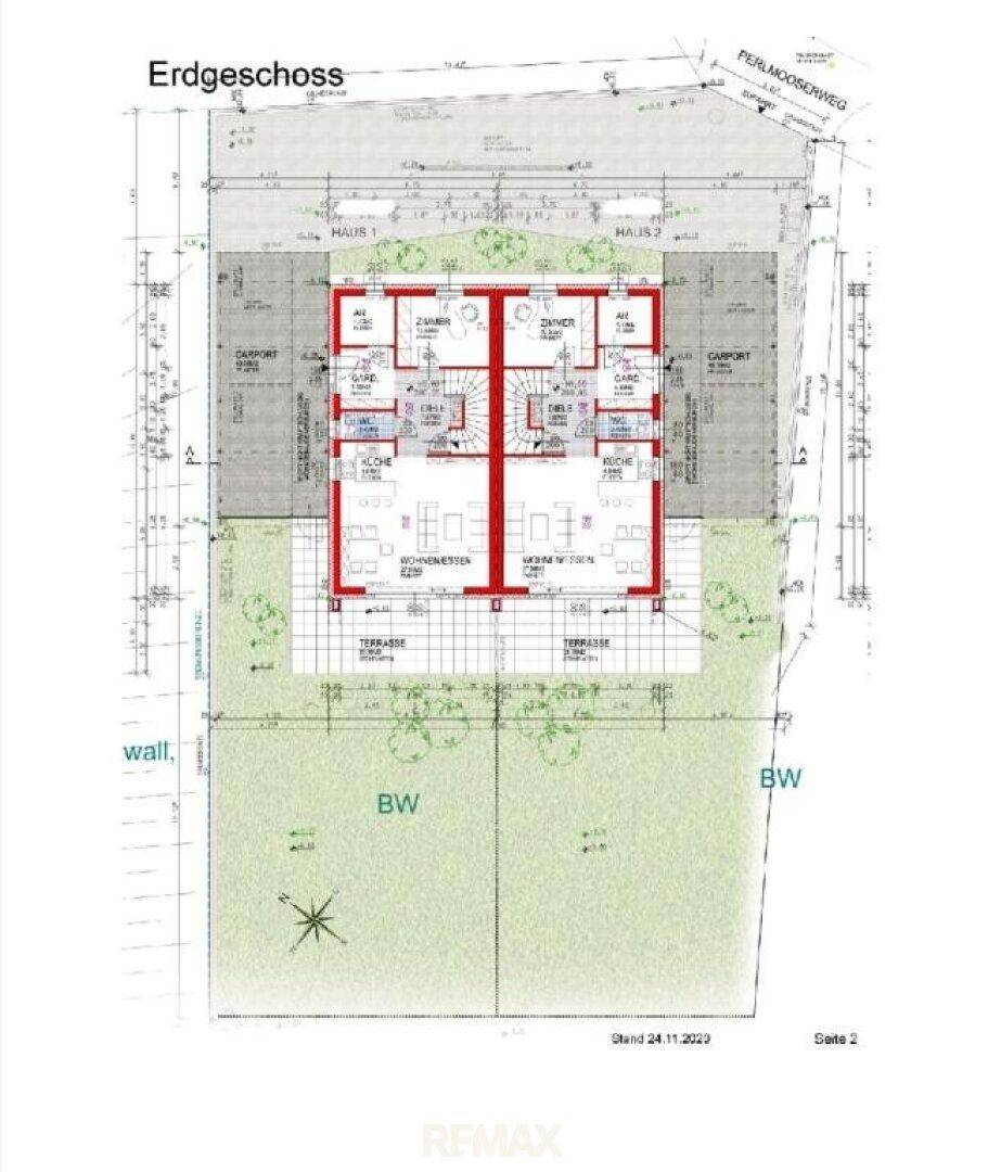 Grundriss des Erdgeschosses mit Carport, Terrasse und Gartenbereich für zwei Häuser.