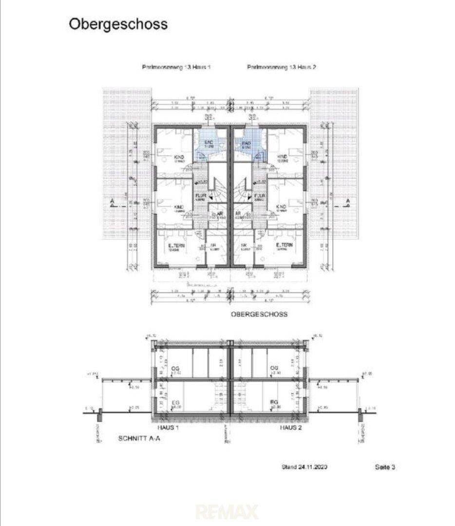 Grundriss des Obergeschosses mit Schlafzimmern und Badezimmern für zwei Wohneinheiten.