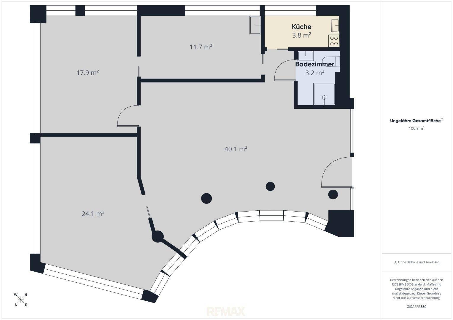 Grundriss einer Wohnung mit drei Räumen, Küche und Bad, Gesamtfläche 100.8 m².