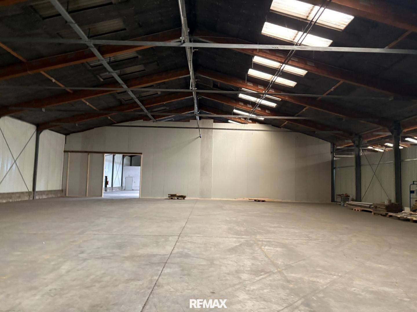 Weitläufige Lagerhalle mit Betonboden, offener Dachkonstruktion und mehreren Oberlichtern für Tageslicht.