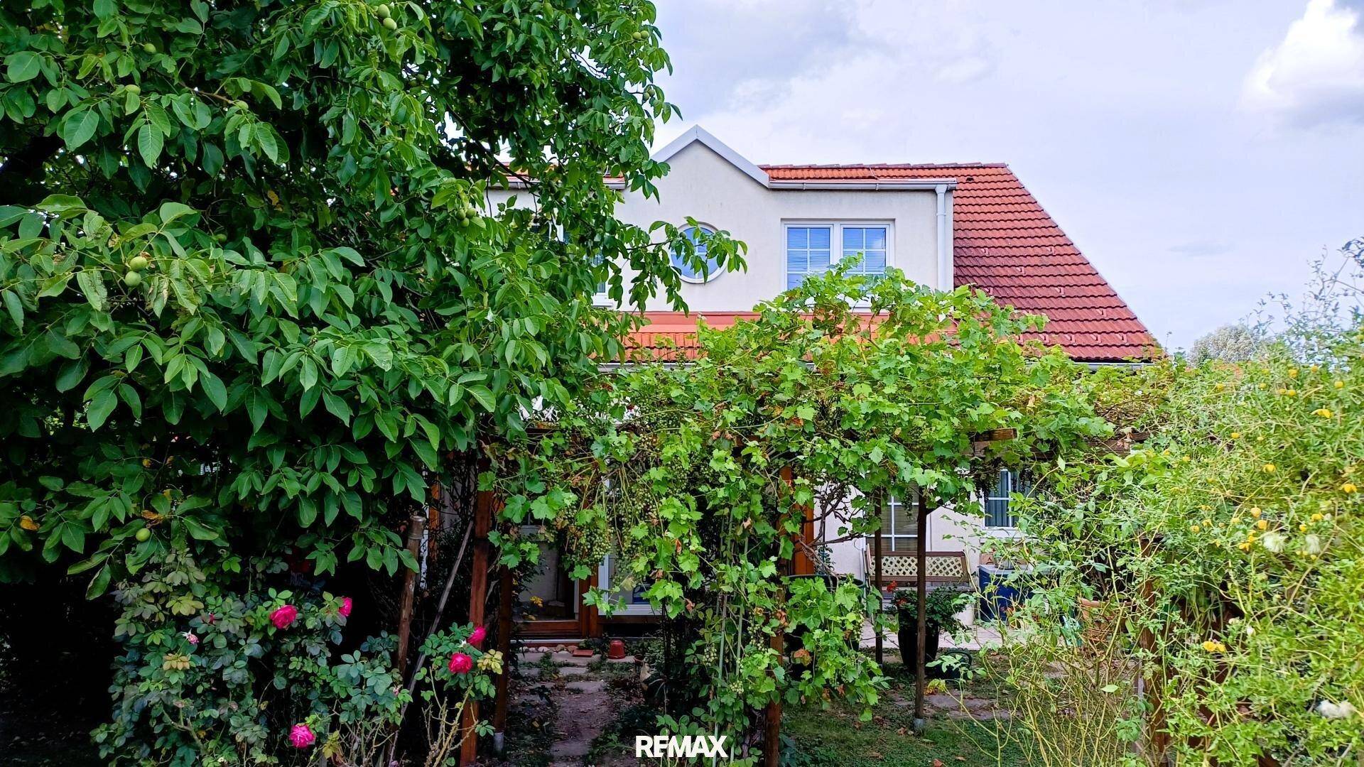 Rückseite des Hauses, teilweise verdeckt von üppigem Grün und Bäumen, mit einem Gartenbereich.