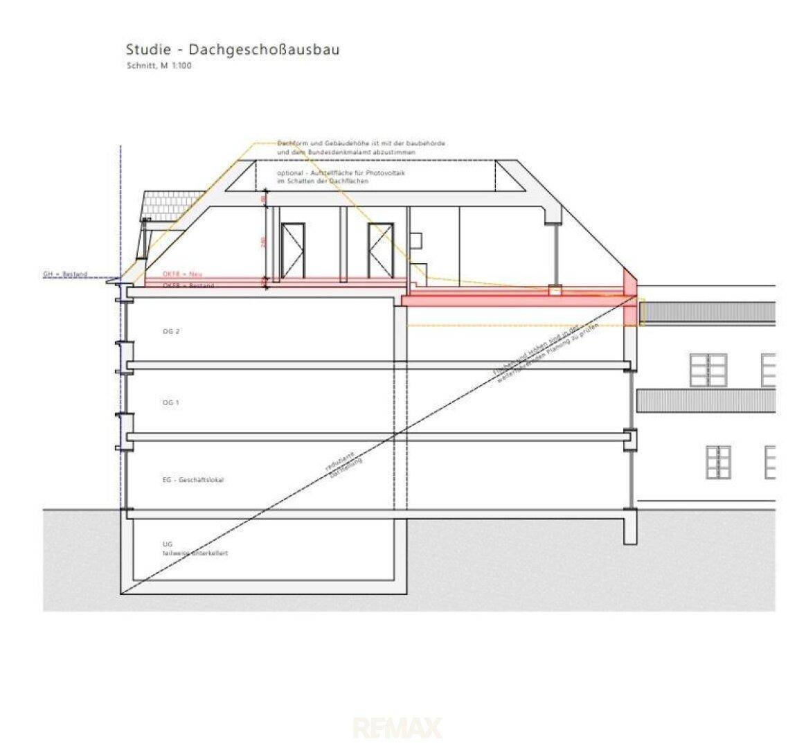Schnittzeichnung eines Gebäudes mit geplantem Dachgeschossausbau und verschiedenen Ebenen.