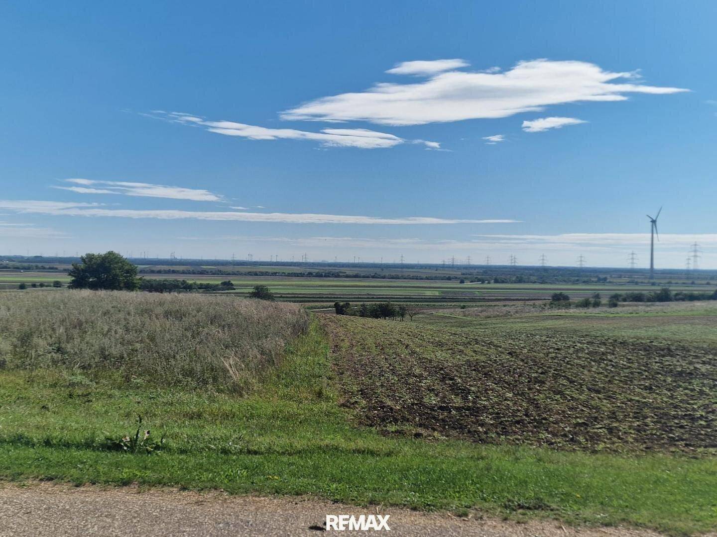 Weite ländliche Landschaft mit Feldern, Windrädern und Stromleitungen am Horizont.