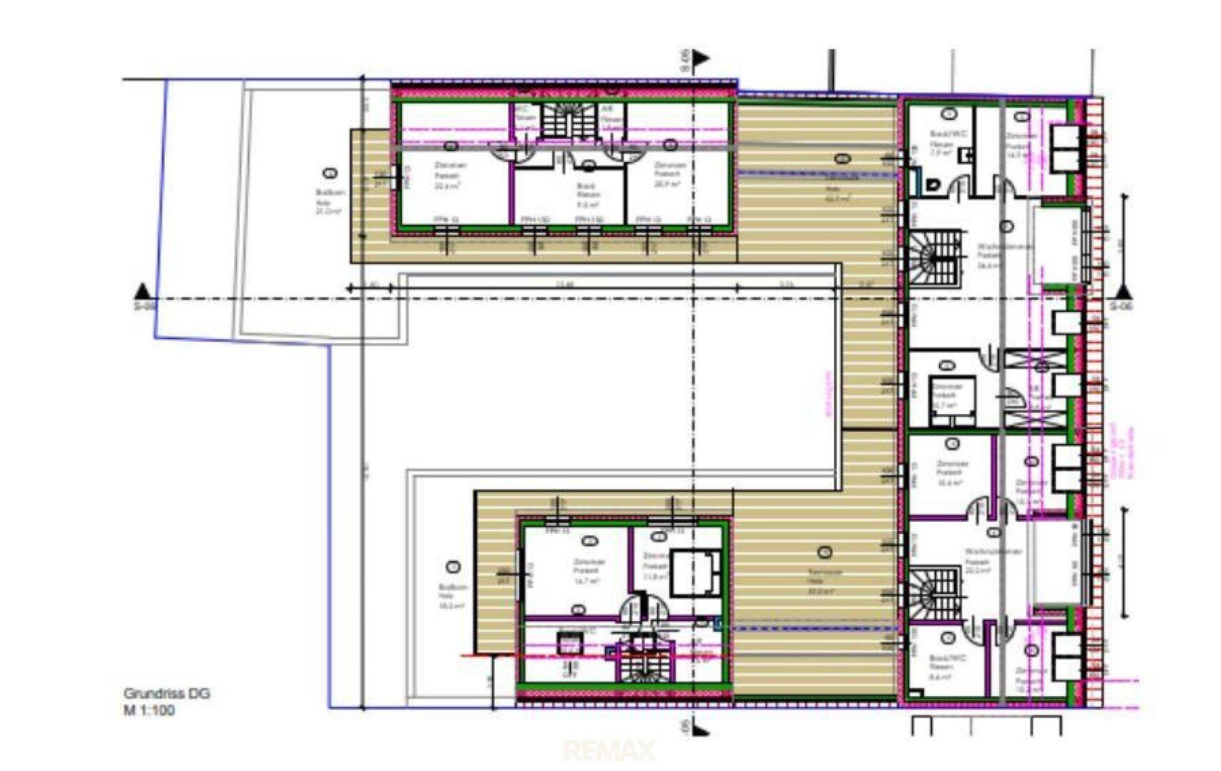 Grundriss des Dachgeschosses mit Wohnungen, Balkonen und Dachschrägen in den Schlafzimmern.