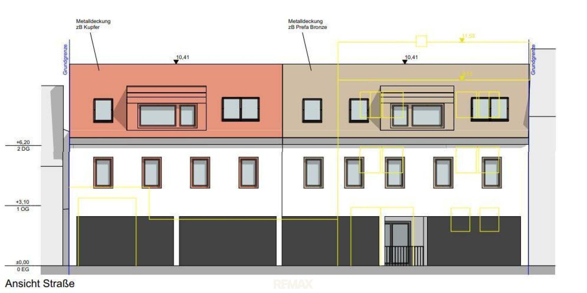 Architektonische Ansicht der Straßenfassade mit farblich abgesetzten oberen Etagen und Fenstern.