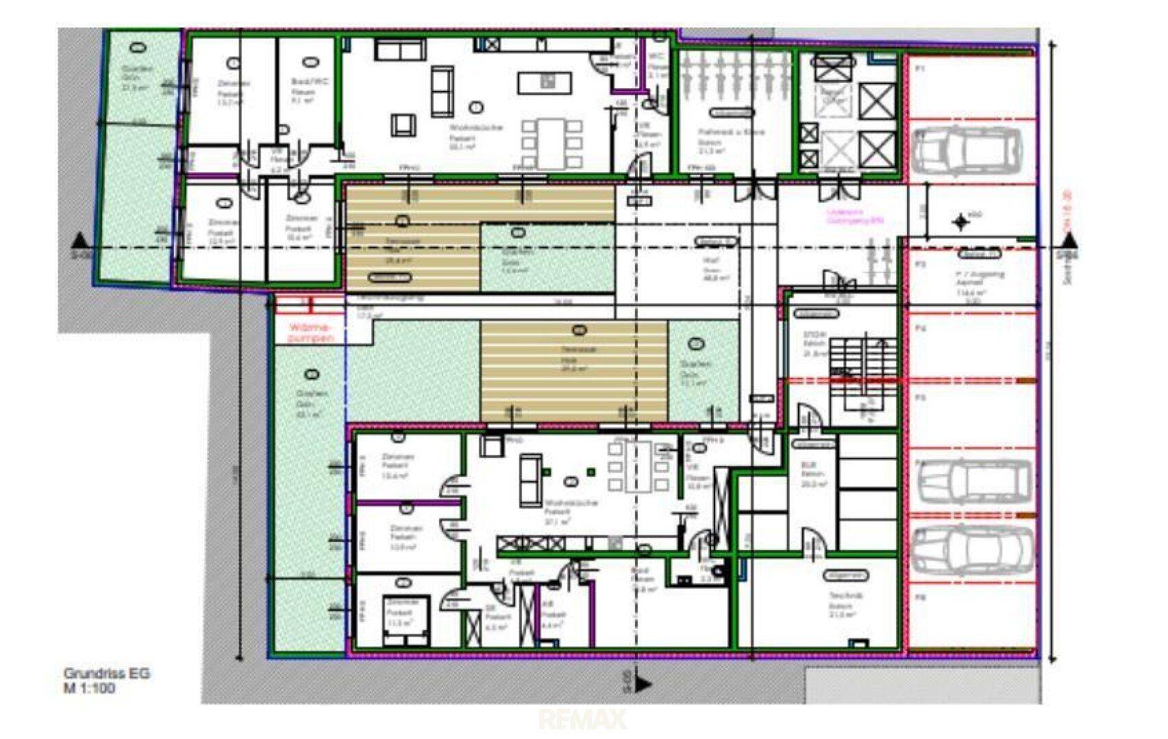 Grundriss des Erdgeschosses mit mehreren Wohneinheiten, Terrassen und Tiefgaragenstellplätzen.