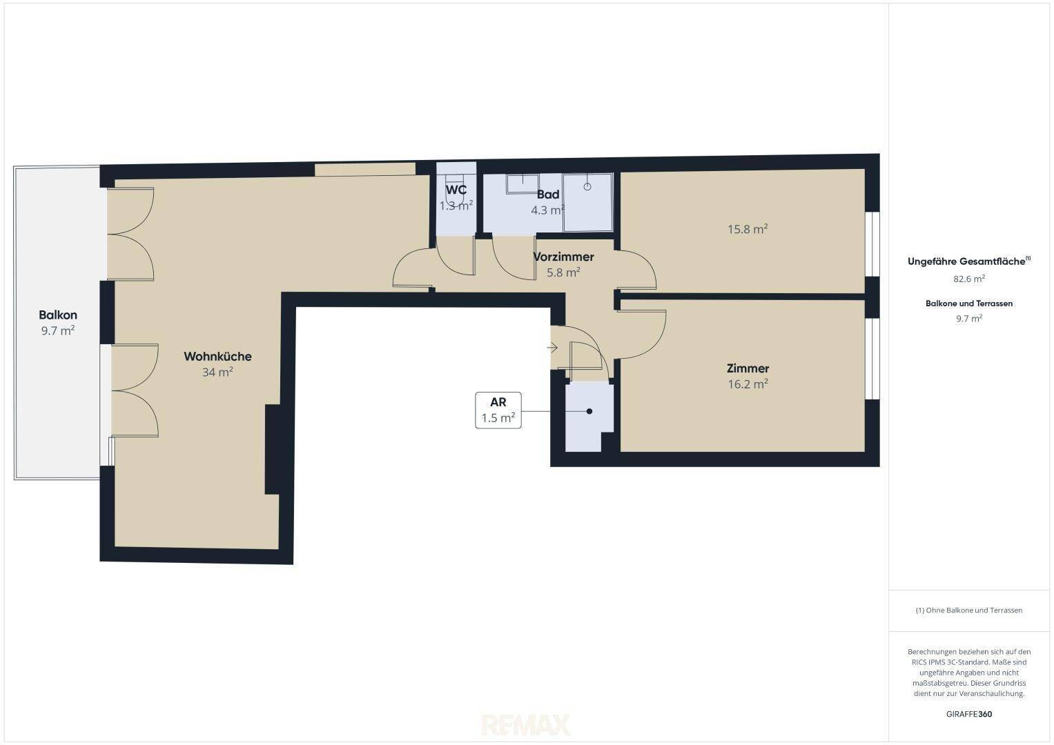 Grundrissplan mit Wohnküche, zwei Zimmern, Bad, WC und einem Balkon von 9,7 m².