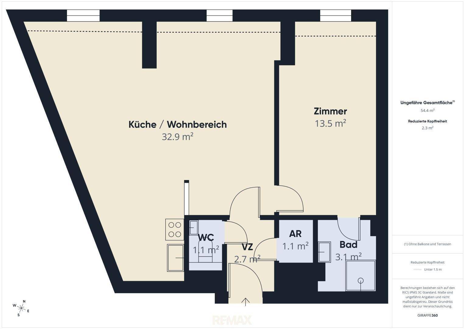 Grundriss einer Wohnung mit offener Küche, Wohnbereich, einem Zimmer und separatem WC.