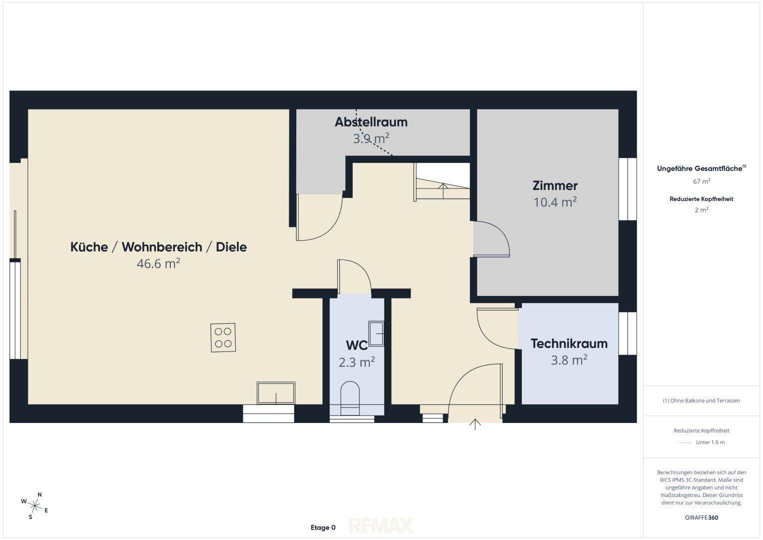 Grundriss des Erdgeschosses mit offener Küche, Wohnbereich, Diele, WC und Abstellraum.