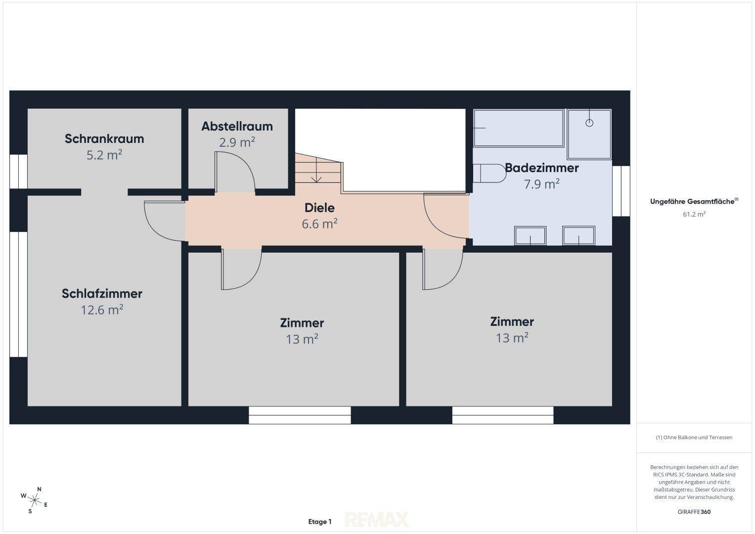 Grundriss des Obergeschosses mit drei Schlafzimmern, Badezimmer, Schrankraum und Diele.