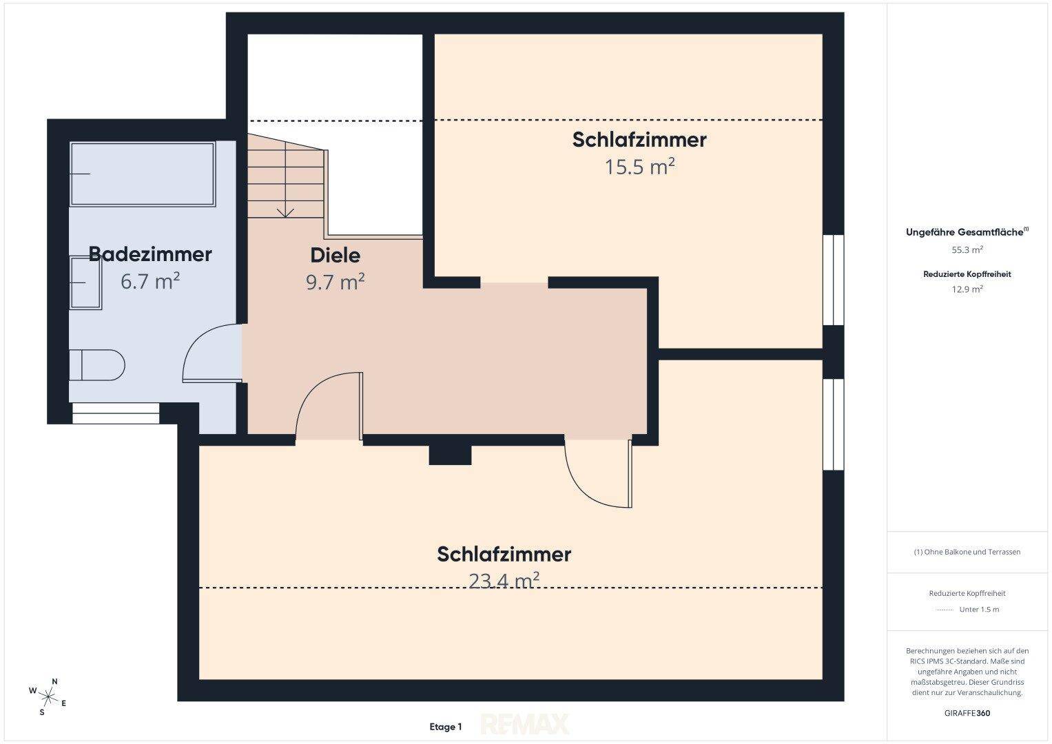 Grundriss von Etage 1 mit zwei Schlafzimmern und einem Badezimmer, insgesamt 55.3 m².