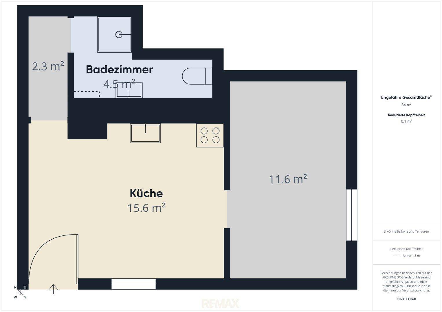 Grundriss mit Küche, Badezimmer und einem weiteren Raum, insgesamt 54 m².