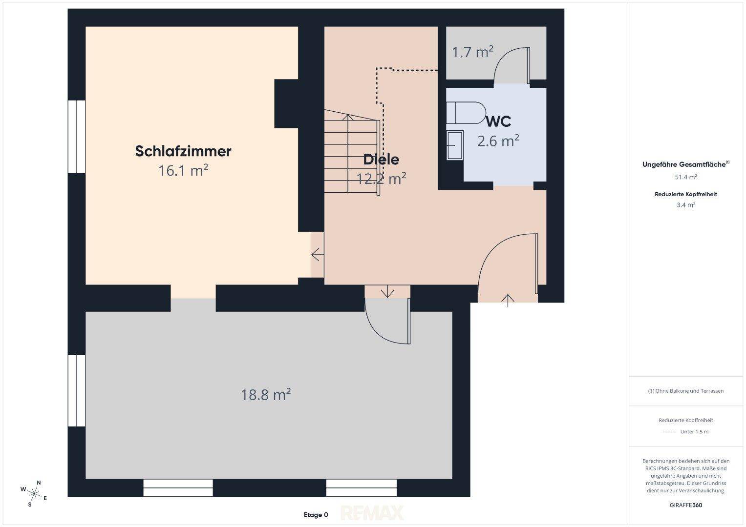 Grundriss von Etage 0 mit Schlafzimmer, Diele und WC, insgesamt 51.4 m².