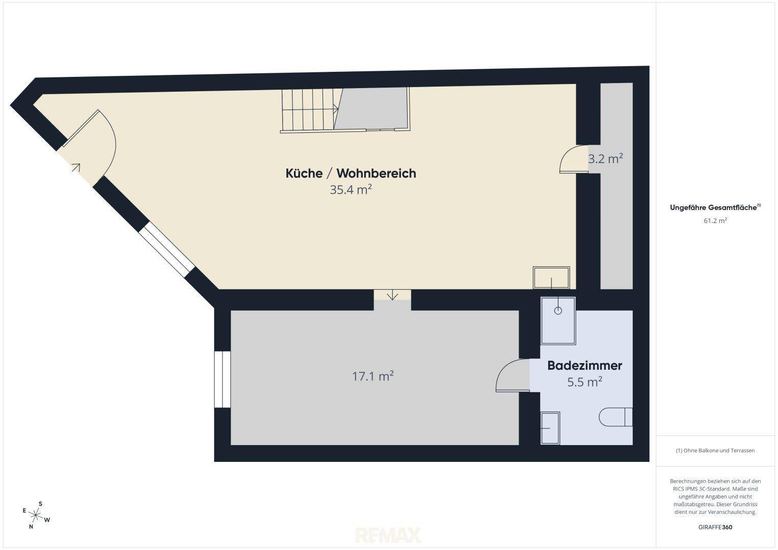 Grundriss mit offener Küche/Wohnbereich und Badezimmer, insgesamt 61.2 m².