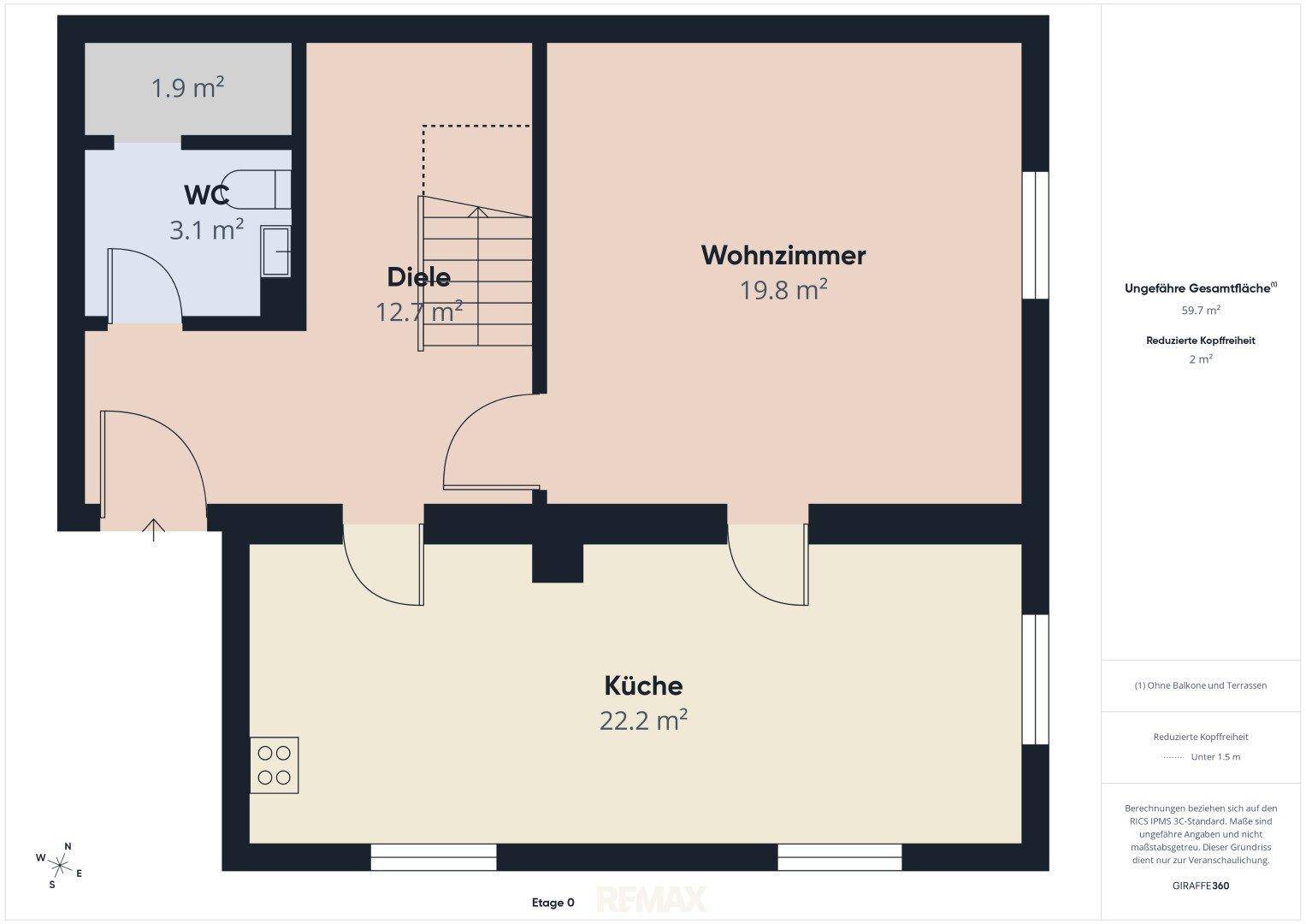 Grundriss von Etage 0 mit Wohnzimmer, Küche und WC, insgesamt 59.7 m².