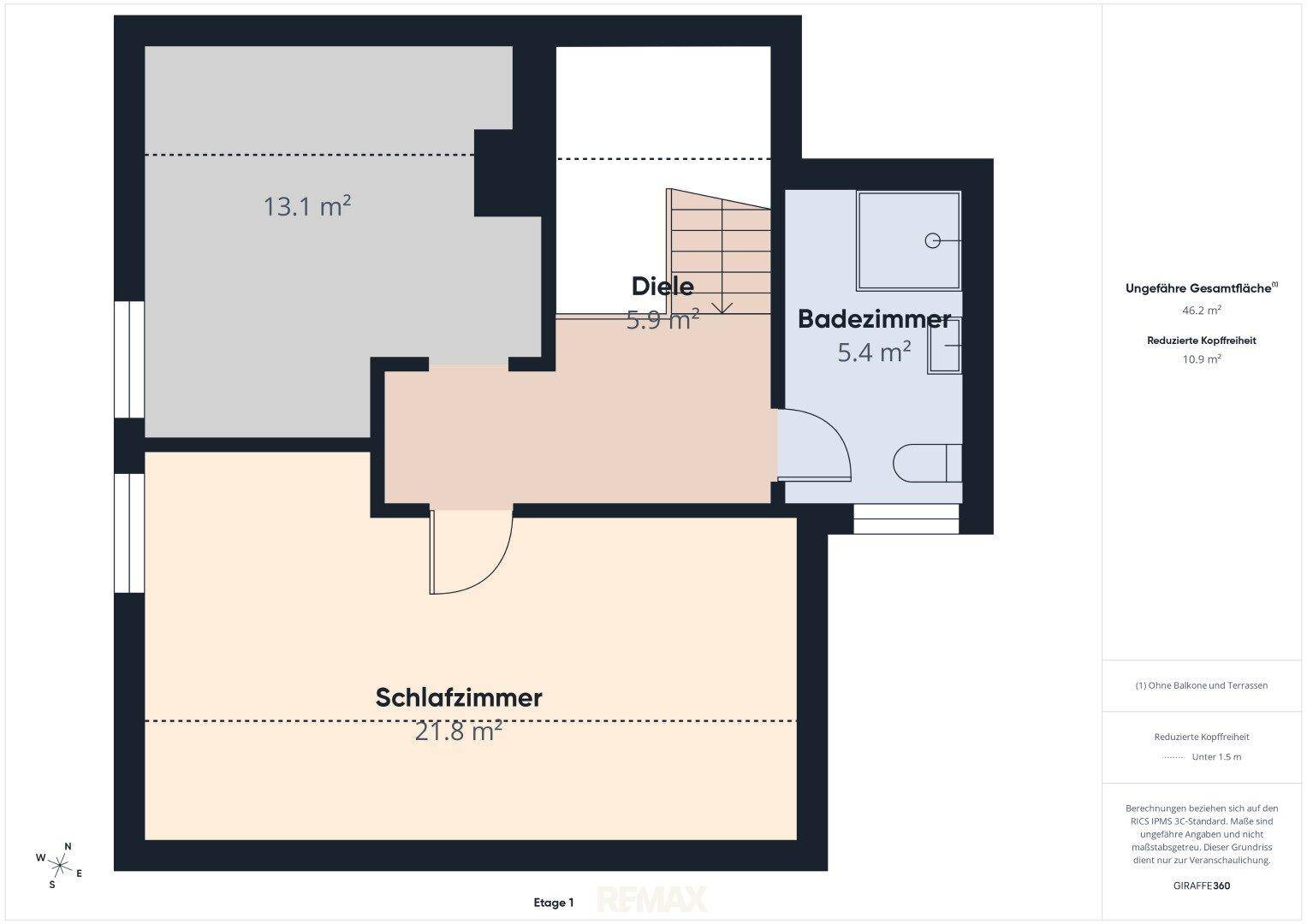 Grundriss von Etage 1 mit Schlafzimmer und Badezimmer, insgesamt 46.2 m².