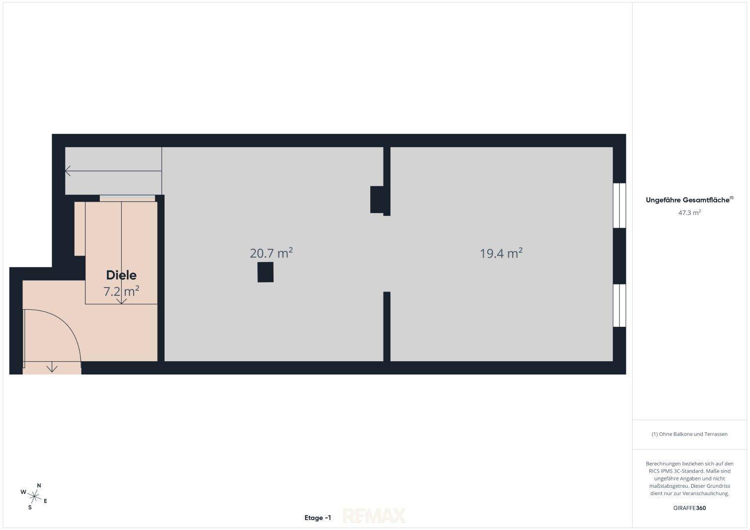 Grundriss der Etage -1 mit Diele und zwei weiteren Räumen, insgesamt 47.3 m².