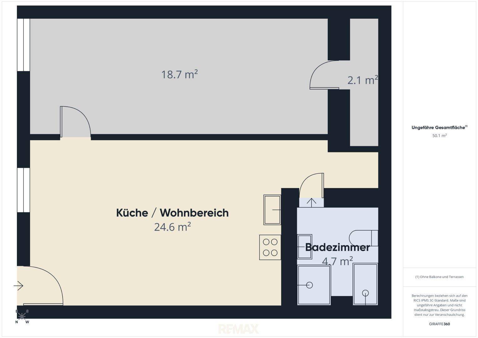 Grundriss mit offener Küche/Wohnbereich und Badezimmer, insgesamt 50.1 m².