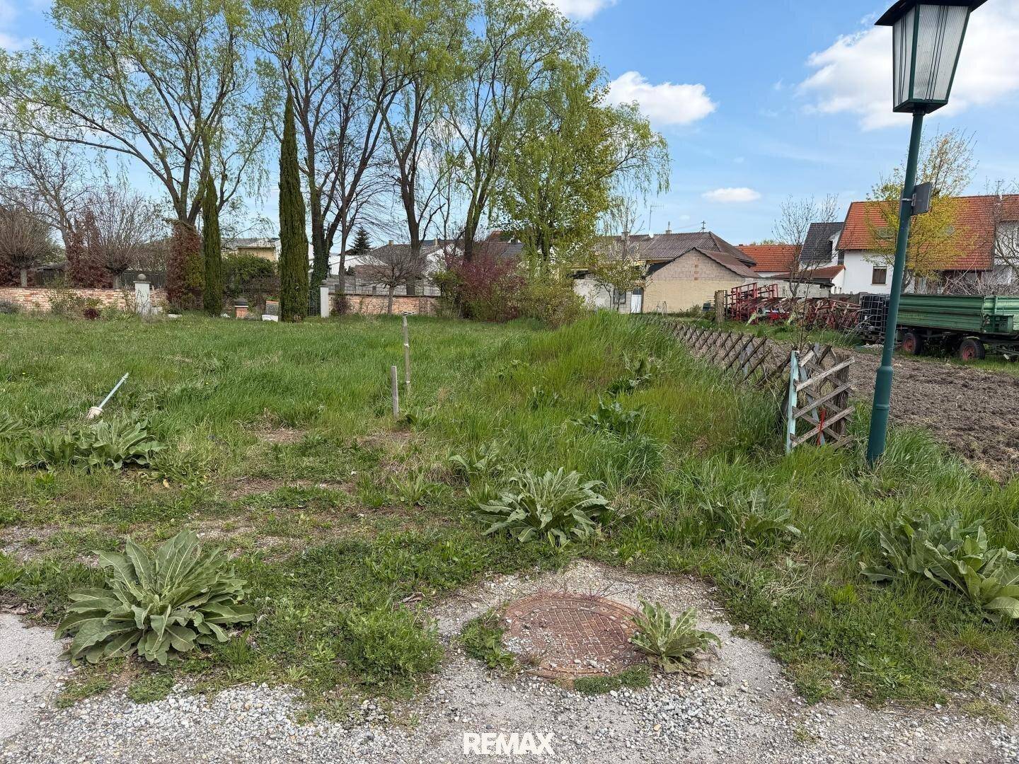 Unbebautes Grundstück mit Gras, einem Kanaldeckel und einer Straßenlaterne am Rand unter blauem Himmel.