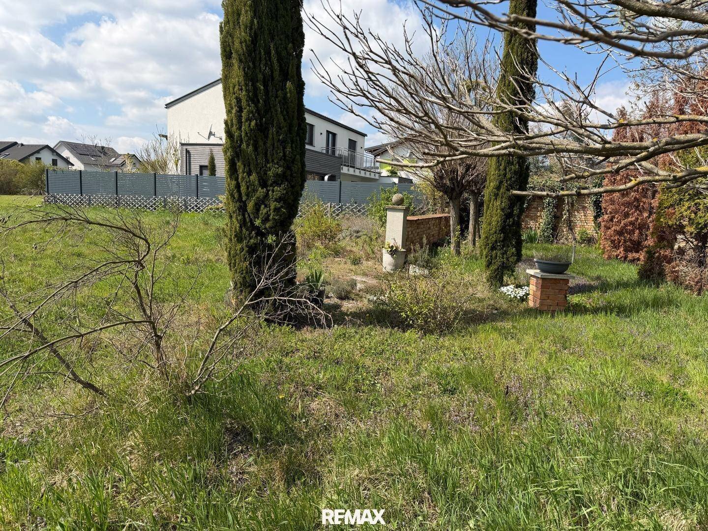 Grasbewachsenes Grundstück mit hohen Bäumen und einem modernen Haus im Hintergrund unter blauem Himmel.