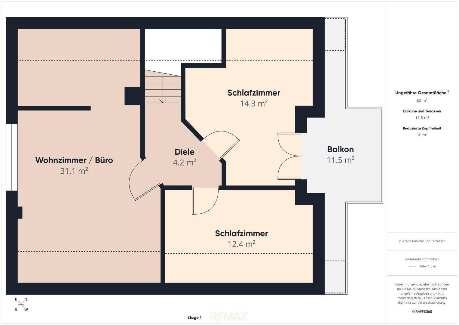 Grundriss des Obergeschosses mit Wohnzimmer/Büro, zwei Schlafzimmern und Balkon.