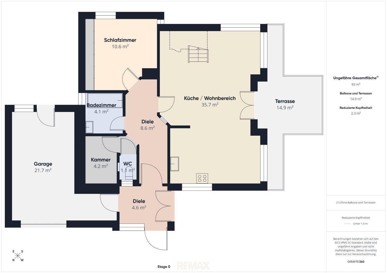 Grundriss des Erdgeschosses mit Schlafzimmer, Bad, Küche/Wohnbereich, Garage und Terrasse.