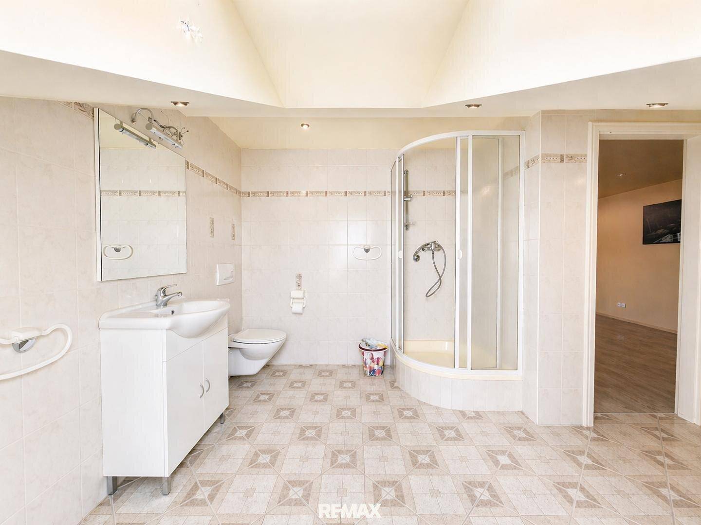 Geräumiges Badezimmer mit einer Duschkabine, WC und modernem Waschtisch.