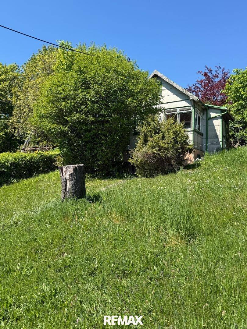 Älteres Haus auf einem grünen Hügelgrundstück mit vielen Bäumen und Sträuchern unter blauem Himmel.