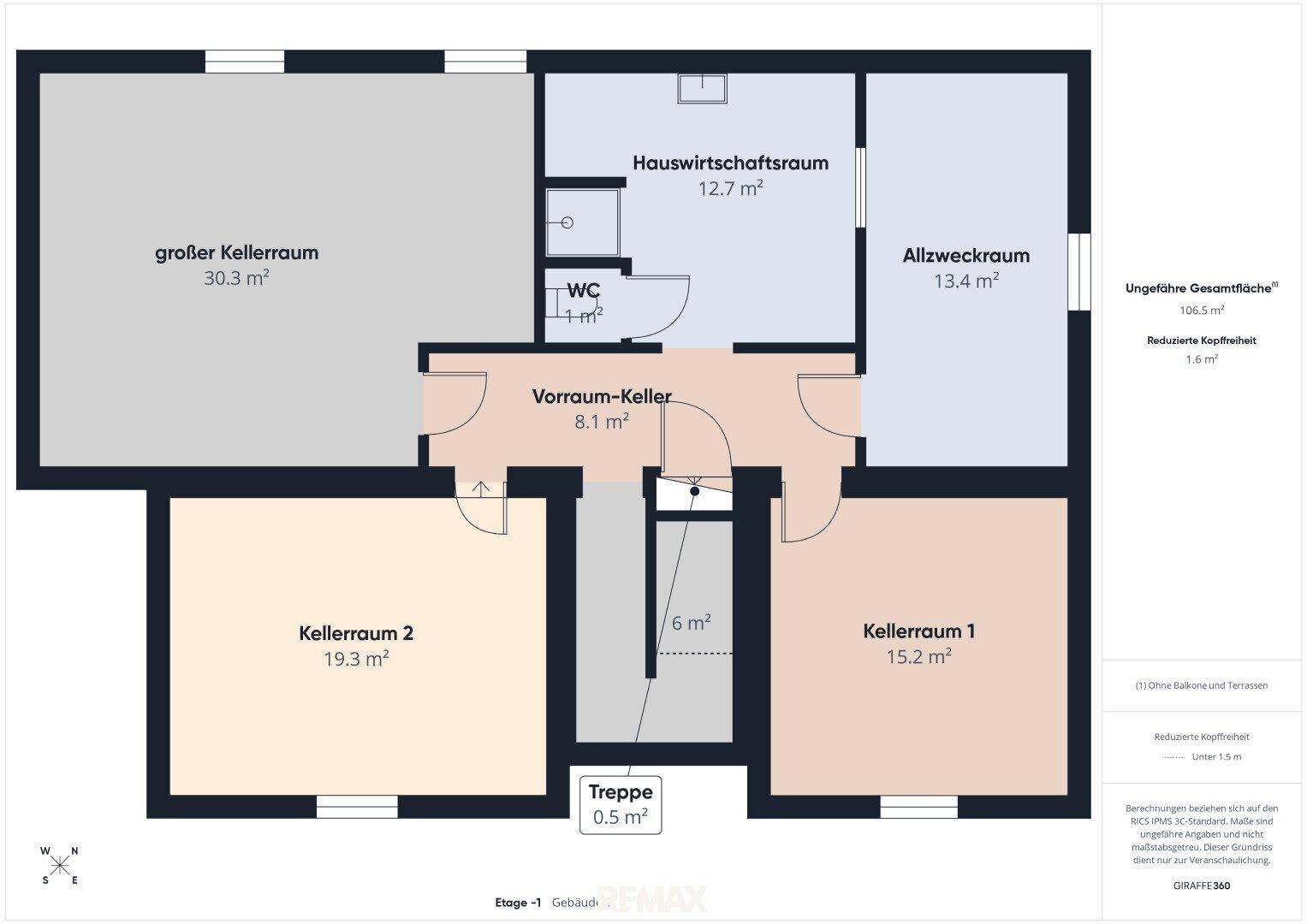 Grundriss des Untergeschosses mit mehreren Kellerräumen, Hauswirtschaftsraum und zusätzlichem WC.