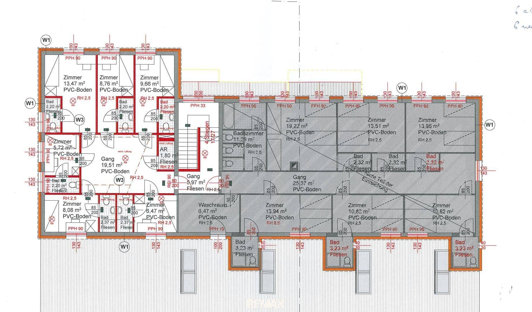 Grundriss des Obergeschosses mit mehreren Zimmern und Bädern, gut aufgeteilt.