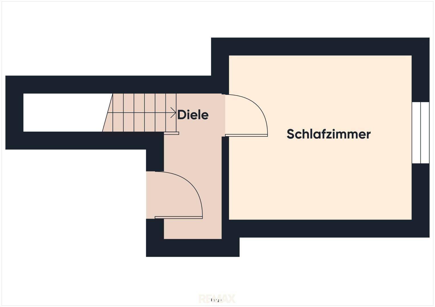 Grundriss des Obergeschosses mit Diele und einem Schlafzimmer.