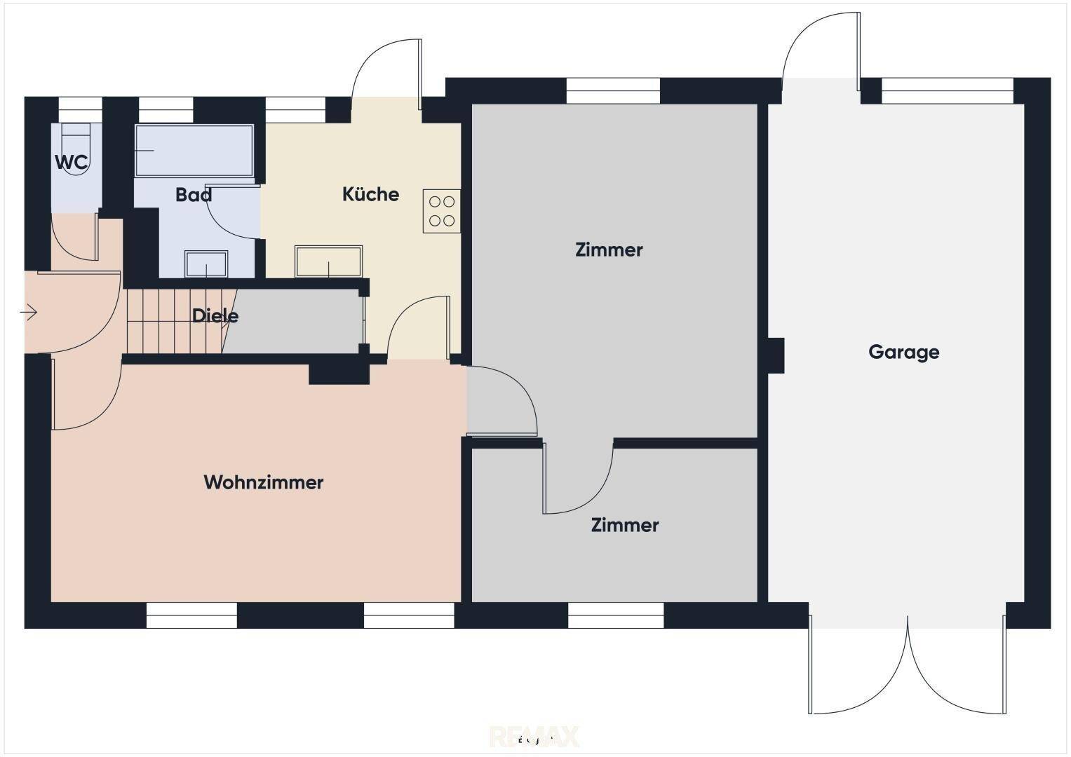 Grundriss des Erdgeschosses mit Wohnzimmer, Küche, Bad, WC, zwei Zimmern und Garage.