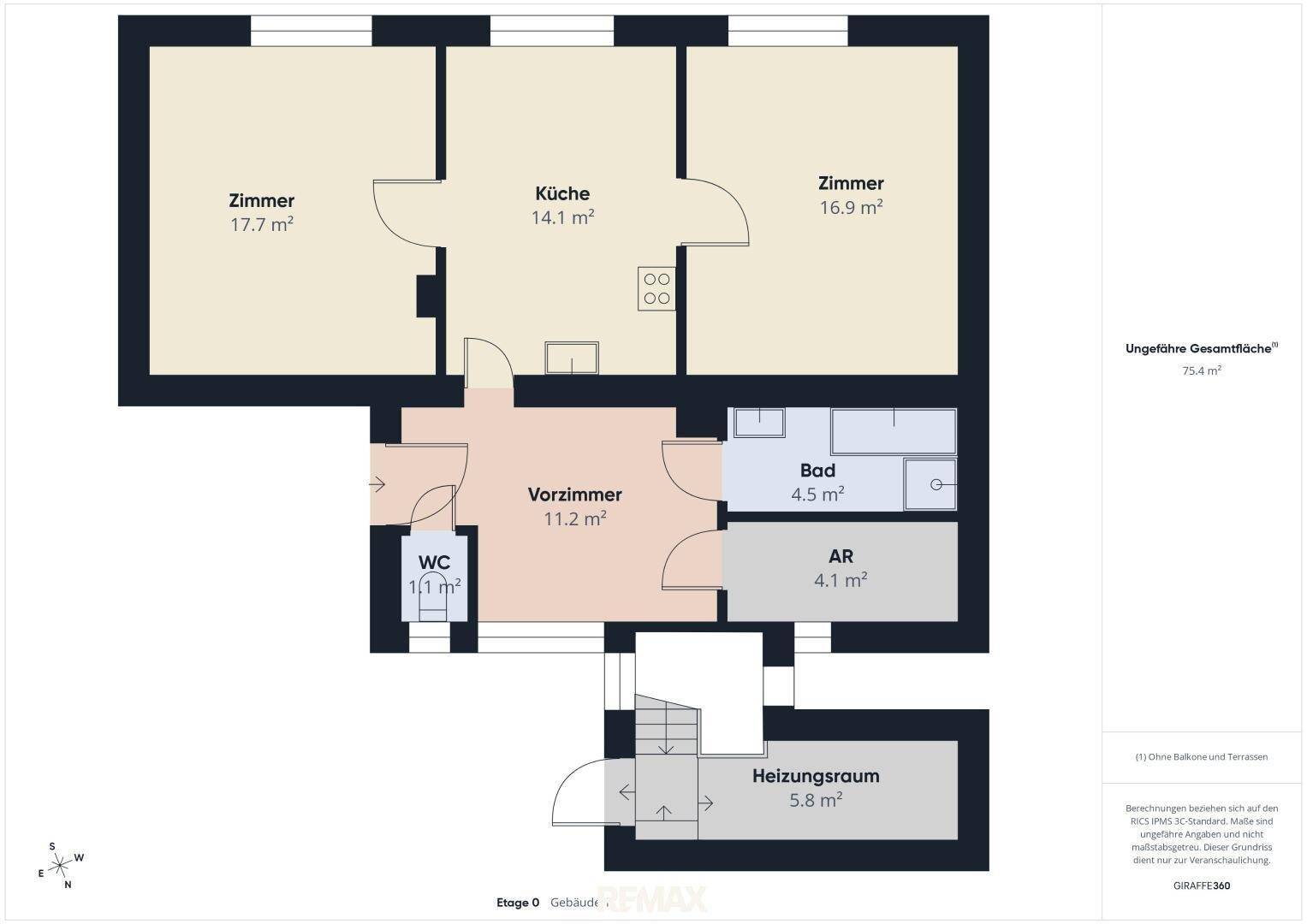 Grundriss des Erdgeschosses mit Zimmern, Küche, Bad und Heizungsraum, Gesamtfläche 75,4 m².