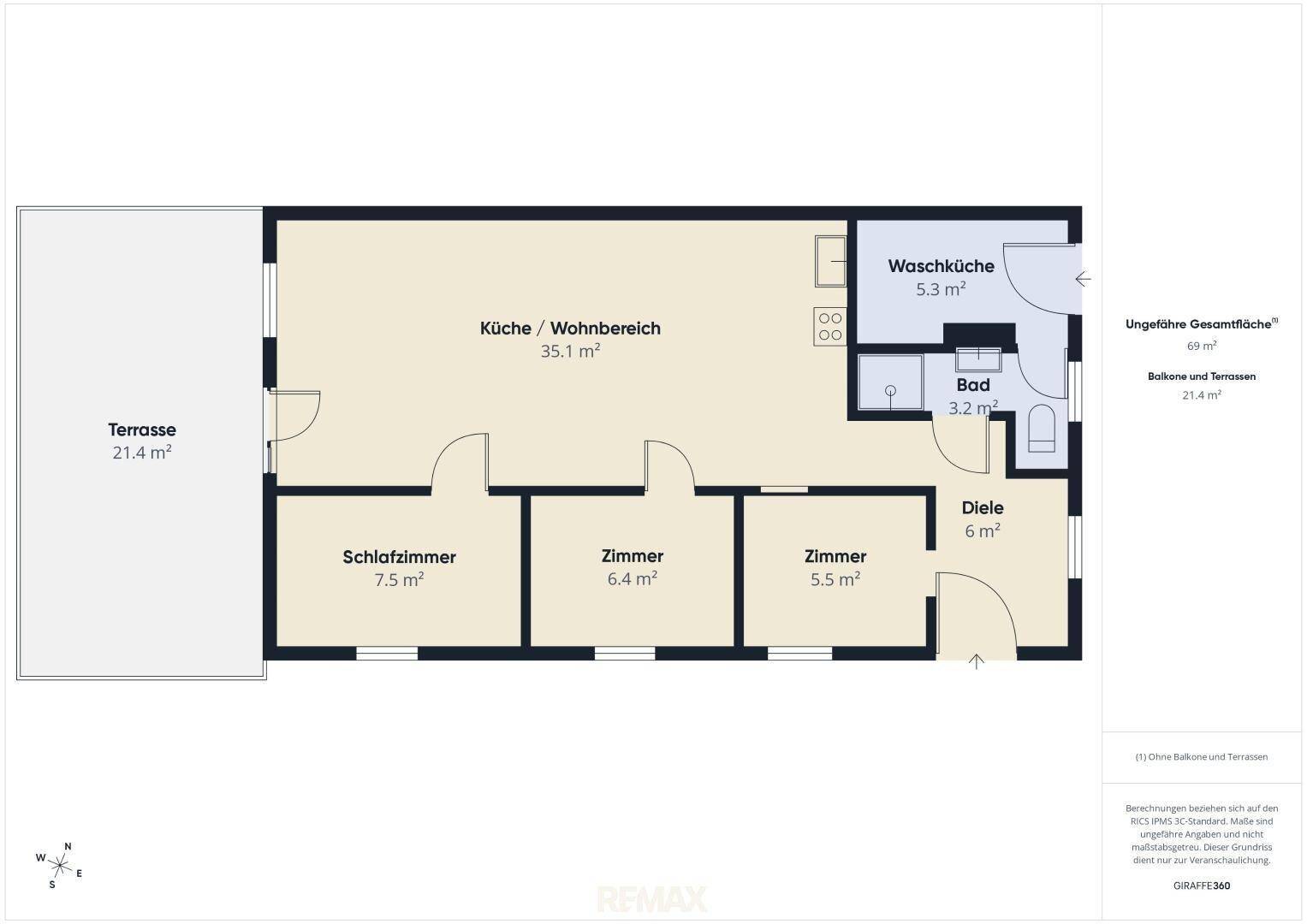 Grundriss einer Wohnung mit Terrasse, offenem Wohnbereich, drei Zimmern und separater Waschküche.